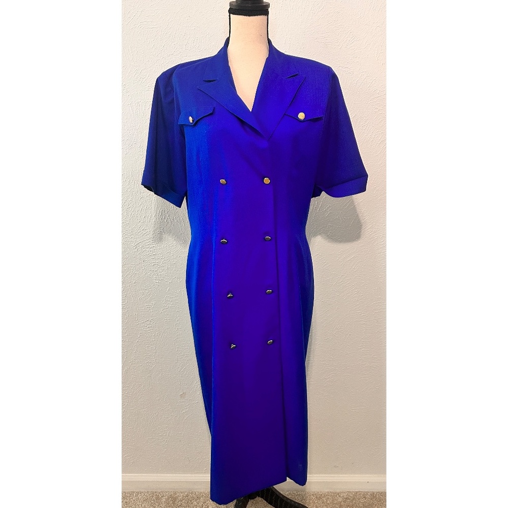 Jos A. Banks Vintage 1990's Blue Short Sleeve V-Neck Collar Long Dress, 12